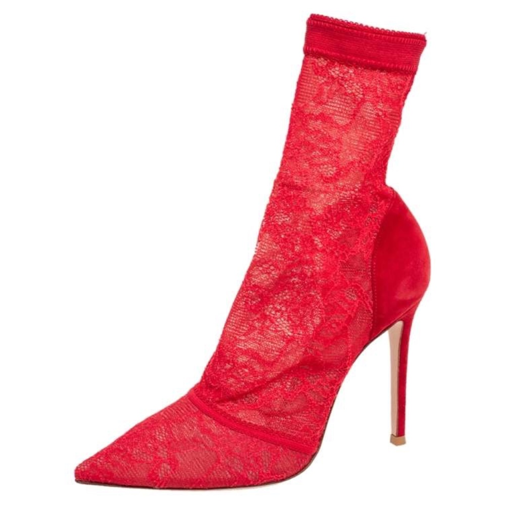 Gianvito Rossi Red Lace And Suede Pointed Toe Booties Size 8(38)